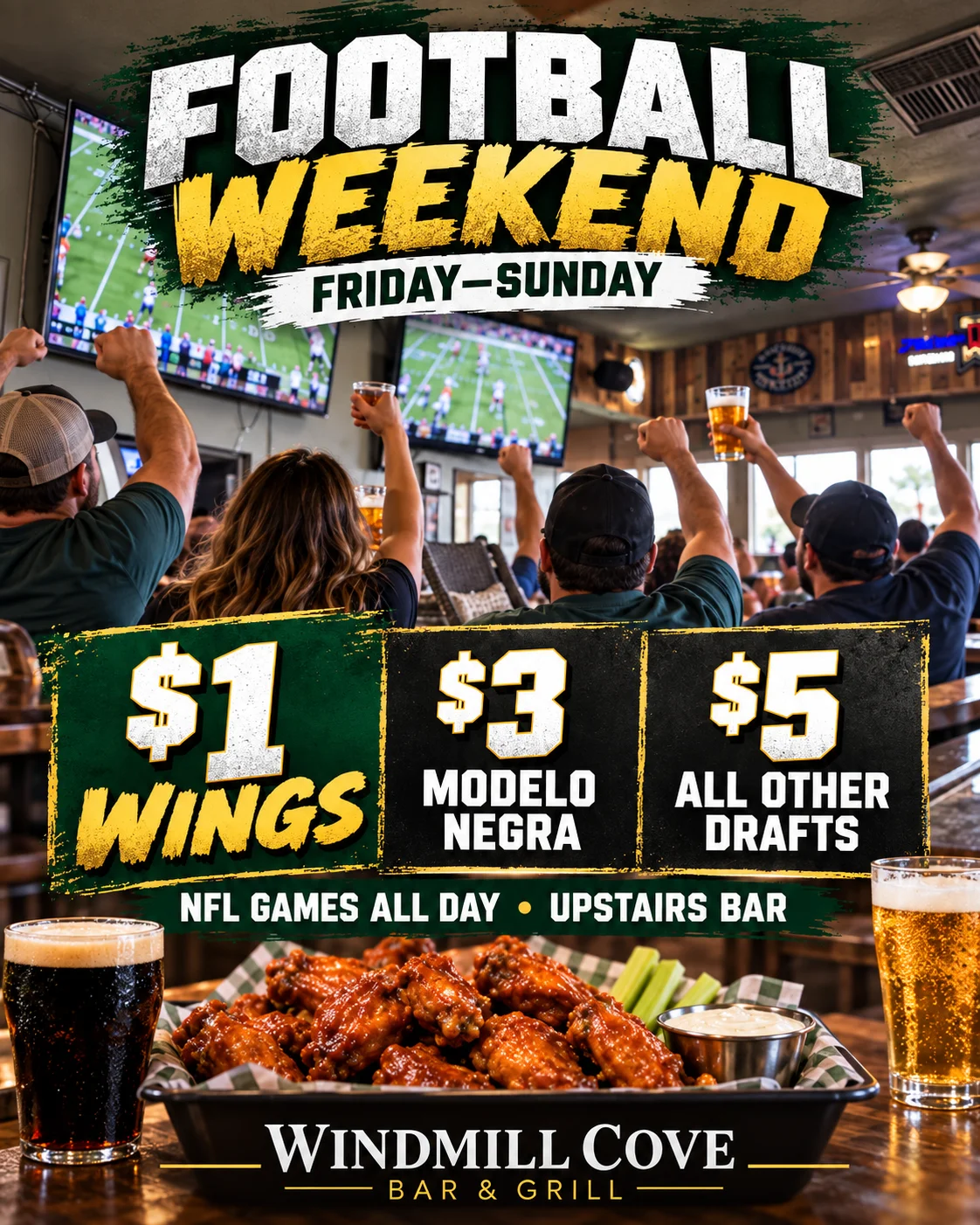 Football Weekend at Windmill Cove Bar & Grill - Friday through Sunday, NFL games all day in the upstairs bar: $1 wings, $3 Modelo Negra, $5 all other drafts